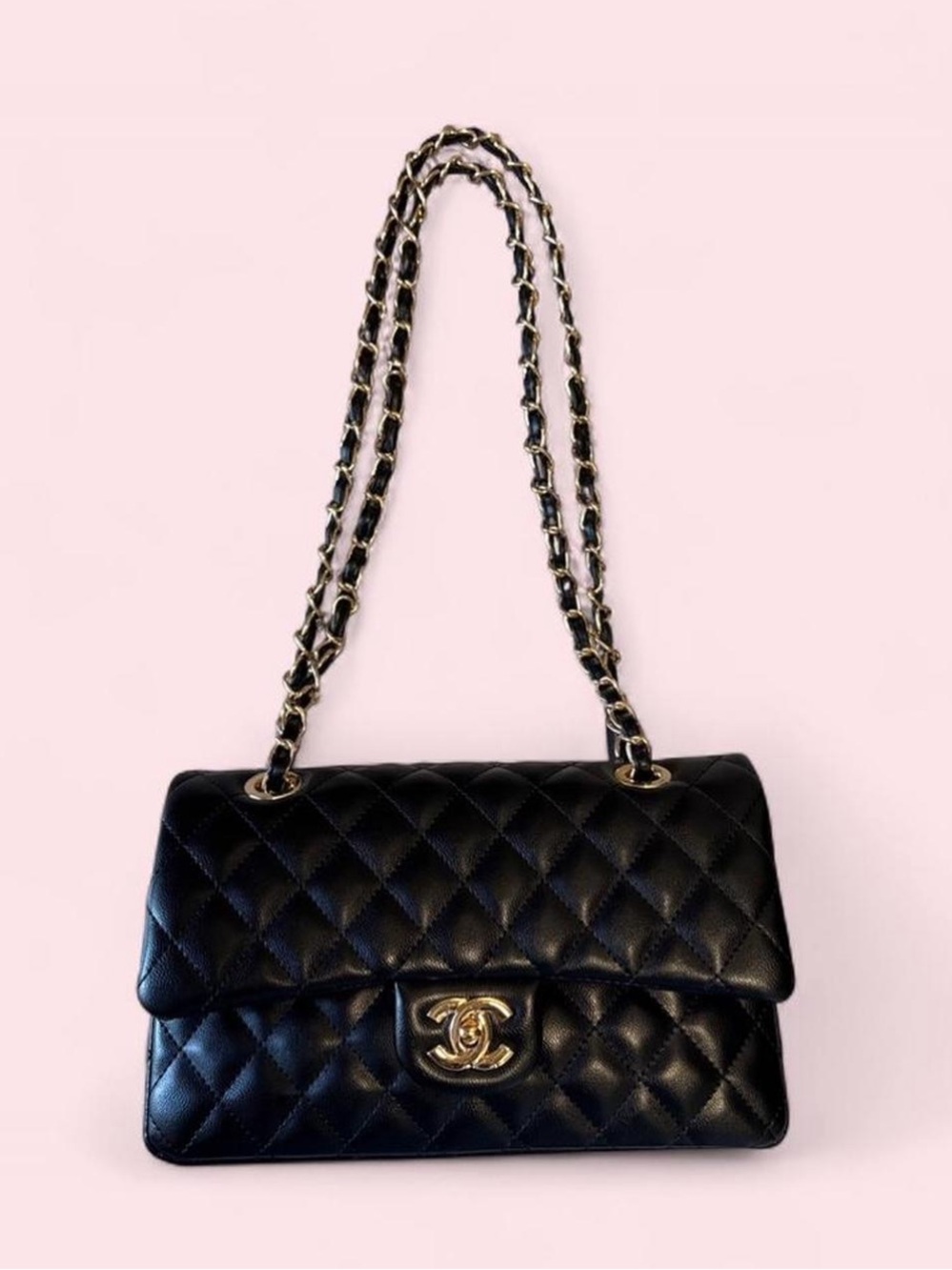 Black Quilted Shoulder Bag with Gold Chain